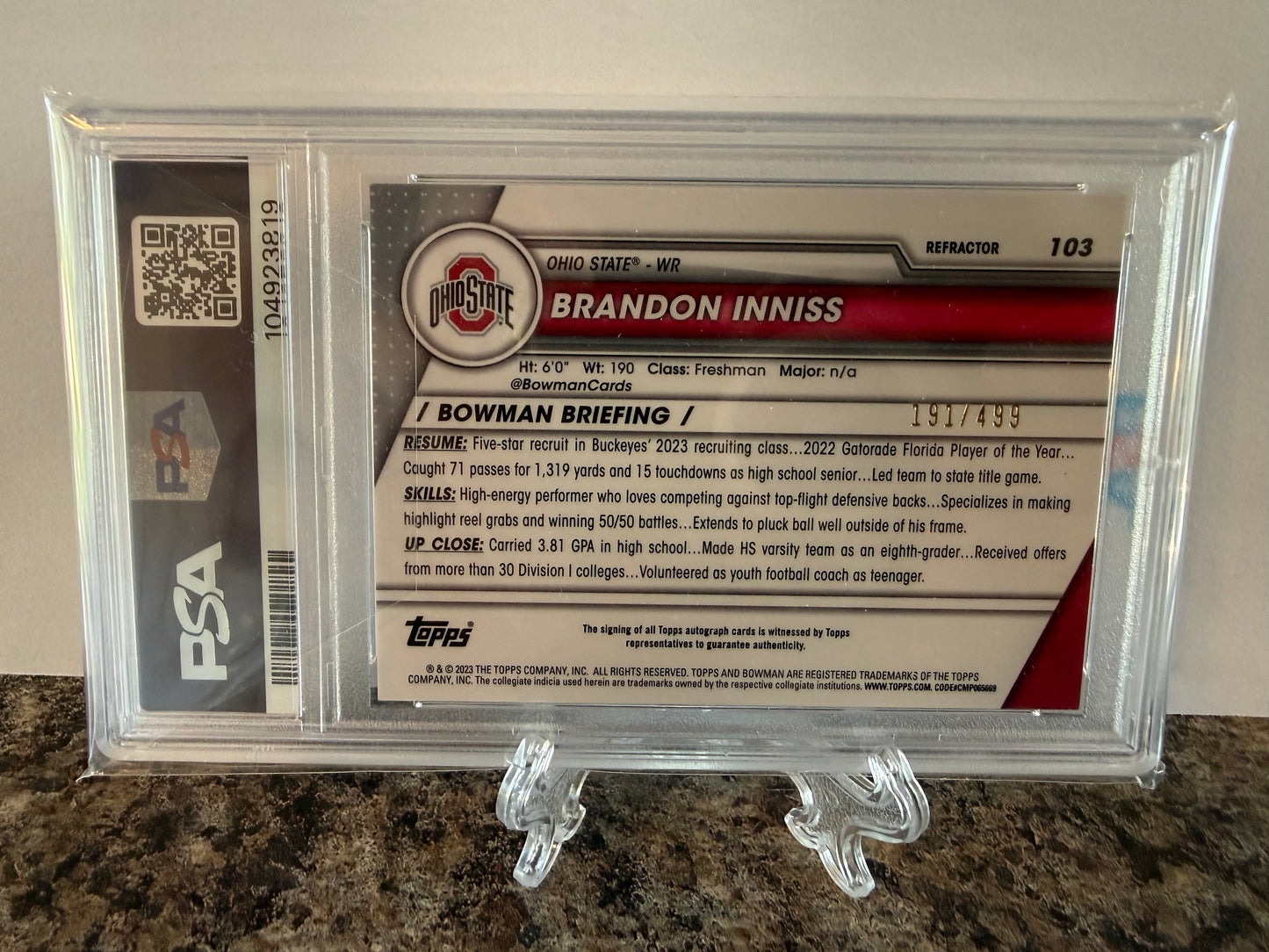 Brandon Inniss Auto /499 1st Bowman PSA 10 Gem Mint 2023 Bowman Chrome U 103